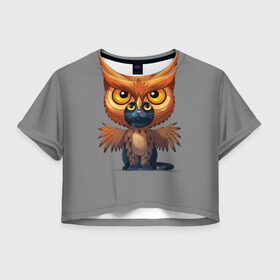 Женская футболка 3D укороченная с принтом Совокот , 100% полиэстер | круглая горловина, длина футболки до линии талии, рукава с отворотами | cat | craft the world | owl | кот | кошка | птица | сова