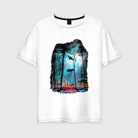 Женская футболка хлопок Oversize с принтом Подводный мир (лес с акулами) , 100% хлопок | свободный крой, круглый ворот, спущенный рукав, длина до линии бедер
 | пейзаж | сказочный