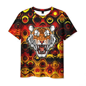 Мужская футболка 3D с принтом Тигр , 100% полиэфир | прямой крой, круглый вырез горловины, длина до линии бедер | 3d | abstraction | tiger | абстракция | голова животного | клыки | котята | кошки | крик | полосатый | тигр