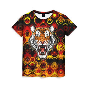 Женская футболка 3D с принтом Тигр , 100% полиэфир ( синтетическое хлопкоподобное полотно) | прямой крой, круглый вырез горловины, длина до линии бедер | 3d | abstraction | tiger | абстракция | голова животного | клыки | котята | кошки | крик | полосатый | тигр
