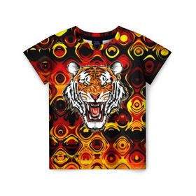 Детская футболка 3D с принтом Тигр , 100% гипоаллергенный полиэфир | прямой крой, круглый вырез горловины, длина до линии бедер, чуть спущенное плечо, ткань немного тянется | 3d | abstraction | tiger | абстракция | голова животного | клыки | котята | кошки | крик | полосатый | тигр