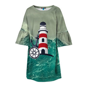 Детское платье 3D с принтом Морской , 100% полиэстер | прямой силуэт, чуть расширенный к низу. Круглая горловина, на рукавах — воланы | 3d | blue | брызги | вмф | вода | военный | волны | исторический | капли | корабль | лето | море | моряк | океан | природа | фрегат | шторм