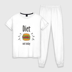 Женская пижама хлопок с принтом Diet Not Today , 100% хлопок | брюки и футболка прямого кроя, без карманов, на брюках мягкая резинка на поясе и по низу штанин | булки | бутерброд | гамбургер | диета | еда | жир | зож | картошка фри | котлета | кулинария | кухня | не сегодня | пицца | пп | прикольная надпись | сыр | фастфуд | худею | чизбургер | я на диете