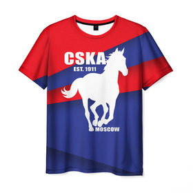 Мужская футболка 3D с принтом CSKA est. 1911 , 100% полиэфир | прямой крой, круглый вырез горловины, длина до линии бедер | Тематика изображения на принте: армейцы | болельщик | кони | красно синие | фанат | футбол | футболист | цска