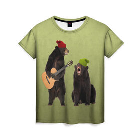 Женская футболка 3D с принтом 2 медведя и гитара , 100% полиэфир ( синтетическое хлопкоподобное полотно) | прямой крой, круглый вырез горловины, длина до линии бедер | Тематика изображения на принте: животные | музыка