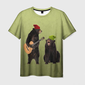 Мужская футболка 3D с принтом 2 медведя и гитара , 100% полиэфир | прямой крой, круглый вырез горловины, длина до линии бедер | Тематика изображения на принте: животные | музыка