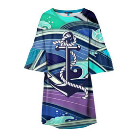 Детское платье 3D с принтом Моряк , 100% полиэстер | прямой силуэт, чуть расширенный к низу. Круглая горловина, на рукавах — воланы | blue | брызги | вмф | вода | военный | волны | капли | море | океан