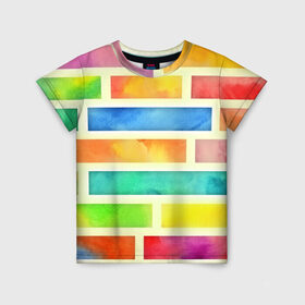Детская футболка 3D с принтом Bricks Watercolor , 100% гипоаллергенный полиэфир | прямой крой, круглый вырез горловины, длина до линии бедер, чуть спущенное плечо, ткань немного тянется | 3d | watercolor | кирпичики | клетка | радуга | текстуры | цветные линии