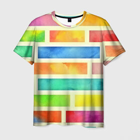 Мужская футболка 3D с принтом Bricks Watercolor , 100% полиэфир | прямой крой, круглый вырез горловины, длина до линии бедер | 3d | watercolor | кирпичики | клетка | радуга | текстуры | цветные линии