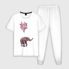Мужская пижама хлопок с принтом Слоник-подарок , 100% хлопок | брюки и футболка прямого кроя, без карманов, на брюках мягкая резинка на поясе и по низу штанин
 | акварель | воздушные шары | легкость | подарок | слон | слоник | шарики | шары