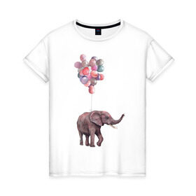 Женская футболка хлопок с принтом Слоник-подарок , 100% хлопок | прямой крой, круглый вырез горловины, длина до линии бедер, слегка спущенное плечо | акварель | воздушные шары | легкость | подарок | слон | слоник | шарики | шары