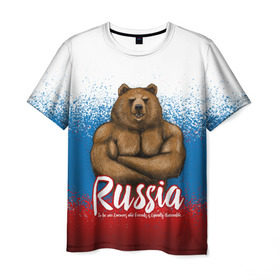 Мужская футболка 3D с принтом Russian Bear , 100% полиэфир | прямой крой, круглый вырез горловины, длина до линии бедер | Тематика изображения на принте: bear | russia | медведь | патриотическая | россия | русский медведь | триколор | флаг рф