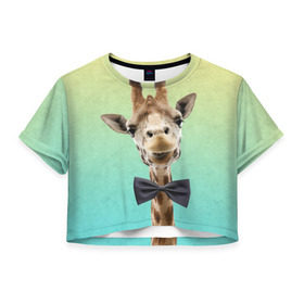 Женская футболка 3D укороченная с принтом Жираф и бабочка , 100% полиэстер | круглая горловина, длина футболки до линии талии, рукава с отворотами | жираф