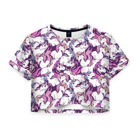 Женская футболка 3D укороченная с принтом unicorn , 100% полиэстер | круглая горловина, длина футболки до линии талии, рукава с отворотами | horse | mlp | pony | unicorn | единорог | лошадь | пони