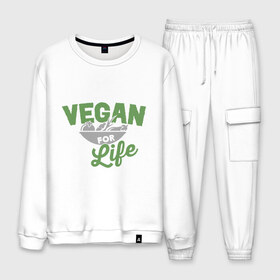 Мужской костюм хлопок с принтом Vegan for Life , 100% хлопок | на свитшоте круглая горловина, мягкая резинка по низу. Брюки заужены к низу, на них два вида карманов: два “обычных” по бокам и два объемных, с клапанами, расположенные ниже линии бедра. Брюки с мягкой трикотажной резинкой на поясе и по низу штанин. В поясе для дополнительного комфорта — широкие завязки | green | vegan | yoga | веган | вегетарианец | вегетарианство | витамины | здоровье | зеленый | зож | йога | овощи | фрукты