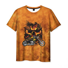Мужская футболка 3D с принтом Череп в огне, байк , 100% полиэфир | прямой крой, круглый вырез горловины, длина до линии бедер | Тематика изображения на принте: байкер | мотоцикл | огонь | череп