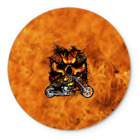 Коврик круглый с принтом Череп в огне, байк , резина и полиэстер | круглая форма, изображение наносится на всю лицевую часть | байкер | мотоцикл | огонь | череп