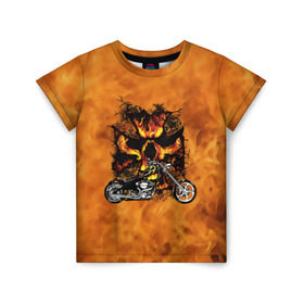 Детская футболка 3D с принтом Череп в огне, байк , 100% гипоаллергенный полиэфир | прямой крой, круглый вырез горловины, длина до линии бедер, чуть спущенное плечо, ткань немного тянется | байкер | мотоцикл | огонь | череп