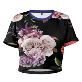 Женская футболка 3D укороченная с принтом Flower Fashion , 100% полиэстер | круглая горловина, длина футболки до линии талии, рукава с отворотами | 3d | birds | fashion flower | flower | pattern | другие | красивые цветы | красные | прикольные | природа | птицы | розы | текстуры | цветочки | цветы