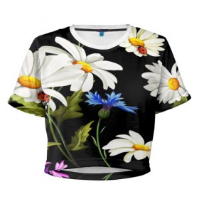 Женская футболка 3D укороченная с принтом Ромашки , 100% полиэстер | круглая горловина, длина футболки до линии талии, рукава с отворотами | 3d | birds | fashion flower | flower | pattern | другие | красивые цветы | красные | прикольные | природа | птицы | ромашки | текстуры | цветочки | цветы