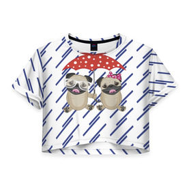 Женская футболка 3D укороченная с принтом Мопсики , 100% полиэстер | круглая горловина, длина футболки до линии талии, рукава с отворотами | 3d | арт | дождь | животные | полосы | собаки | текстуры