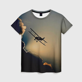 Женская футболка 3D с принтом Покоритель небес , 100% полиэфир ( синтетическое хлопкоподобное полотно) | прямой крой, круглый вырез горловины, длина до линии бедер | закат | кукурузник | небо | облака | самолёт | силуэт