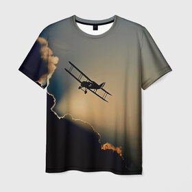 Мужская футболка 3D с принтом Покоритель небес , 100% полиэфир | прямой крой, круглый вырез горловины, длина до линии бедер | Тематика изображения на принте: закат | кукурузник | небо | облака | самолёт | силуэт