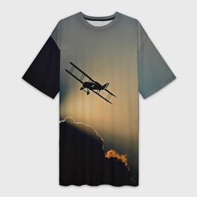 Платье-футболка 3D с принтом Покоритель небес ,  |  | закат | кукурузник | небо | облака | самолёт | силуэт