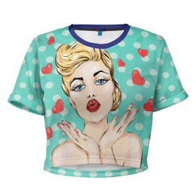 Женская футболка 3D укороченная с принтом Pop Art , 100% полиэстер | круглая горловина, длина футболки до линии талии, рукава с отворотами | горошек | губы | девушка | кружочки | поп арт | поцелуй | сердечки | текстура