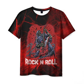 Мужская футболка 3D с принтом Мертвый гитарист , 100% полиэфир | прямой крой, круглый вырез горловины, длина до линии бедер | rock | ворон | гитара | гитарист | жанр | космос | красный | мертвец | металл | музыка | надпись | панк | песня | птицы | рок | рок н рол | скелет | стиль | хард | хой | цепи | череп | я люблю рок