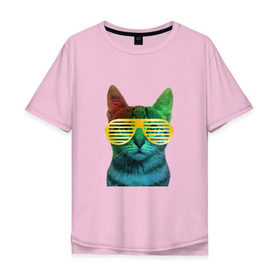 Мужская футболка хлопок Oversize с принтом Кот в очках , 100% хлопок | свободный крой, круглый ворот, “спинка” длиннее передней части | Тематика изображения на принте: cat | kitty | space | животные | космос | кот | котенок | кошка | очки | радуга | цвет