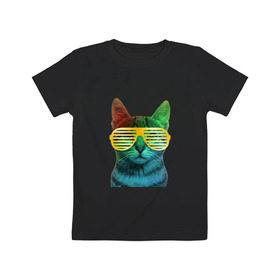 Детская футболка хлопок с принтом Кот в очках , 100% хлопок | круглый вырез горловины, полуприлегающий силуэт, длина до линии бедер | Тематика изображения на принте: cat | kitty | space | животные | космос | кот | котенок | кошка | очки | радуга | цвет