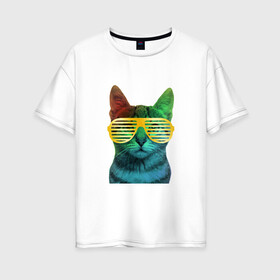 Женская футболка хлопок Oversize с принтом Кот в очках , 100% хлопок | свободный крой, круглый ворот, спущенный рукав, длина до линии бедер
 | cat | kitty | space | животные | космос | кот | котенок | кошка | очки | радуга | цвет