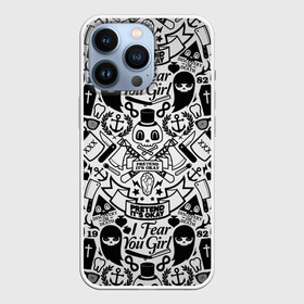 Чехол для iPhone 13 Pro с принтом Tokyo Tattoo Sticker Bomb ,  |  | Тематика изображения на принте: casual | design | pattern | ray ban | skull | street | texture | urban | дизайн | индеец | мода | очки | повтор | принт | стикербомб | стикеры | тату | текстура | узор | улица | хулиган | череп | шляпа