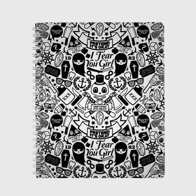 Тетрадь с принтом Tokyo Tattoo Sticker Bomb , 100% бумага | 48 листов, плотность листов — 60 г/м2, плотность картонной обложки — 250 г/м2. Листы скреплены сбоку удобной пружинной спиралью. Уголки страниц и обложки скругленные. Цвет линий — светло-серый
 | Тематика изображения на принте: casual | design | pattern | ray ban | skull | street | texture | urban | дизайн | индеец | мода | очки | повтор | принт | стикербомб | стикеры | тату | текстура | узор | улица | хулиган | череп | шляпа