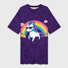 Платье-футболка 3D с принтом Радужный Единорог в Очках ,  |  | Тематика изображения на принте: colors | pizza | pony | rainbow | unicorn | бекон | единорог | конь | очки | пицца | пони | пончик | радуга | рог | солнцезащитные очки