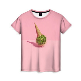 Женская футболка 3D с принтом Ванильный Кактус , 100% полиэфир ( синтетическое хлопкоподобное полотно) | прямой крой, круглый вырез горловины, длина до линии бедер | вафля | вкусняшка | еда | жара | иголки | кактусы | картина | лед | лето | мимими | мороженка | мороженое | необычный | пломбир | растение | рожок | розовый | сладкое | сюрреализм | тень | эскимо