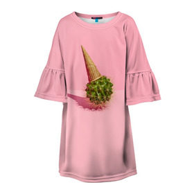 Детское платье 3D с принтом Ванильный Кактус , 100% полиэстер | прямой силуэт, чуть расширенный к низу. Круглая горловина, на рукавах — воланы | вафля | вкусняшка | еда | жара | иголки | кактусы | картина | лед | лето | мимими | мороженка | мороженое | необычный | пломбир | растение | рожок | розовый | сладкое | сюрреализм | тень | эскимо