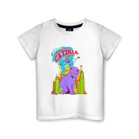Детская футболка хлопок с принтом Catzilla , 100% хлопок | круглый вырез горловины, полуприлегающий силуэт, длина до линии бедер | cat | city | ufo | вторжение | город | кот | котик | лазер | лучи | монстр | нло | торнадо