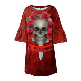 Детское платье 3D с принтом Gans N Roses , 100% полиэстер | прямой силуэт, чуть расширенный к низу. Круглая горловина, на рукавах — воланы | Тематика изображения на принте: gans n roses | группа | исполнители | меч | музыка | песни | розы | рок группа | череп