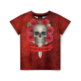 Детская футболка 3D с принтом Gans N Roses , 100% гипоаллергенный полиэфир | прямой крой, круглый вырез горловины, длина до линии бедер, чуть спущенное плечо, ткань немного тянется | gans n roses | группа | исполнители | меч | музыка | песни | розы | рок группа | череп