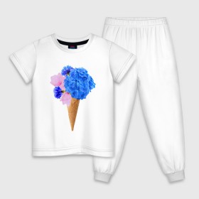 Детская пижама хлопок с принтом Мороженое букет , 100% хлопок |  брюки и футболка прямого кроя, без карманов, на брюках мягкая резинка на поясе и по низу штанин
 | Тематика изображения на принте: flowers | василек | вафля | гортензия | магнолия | рожок | розовый | синий | цветы