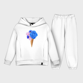 Детский костюм хлопок Oversize с принтом Мороженое букет ,  |  | Тематика изображения на принте: flowers | василек | вафля | гортензия | магнолия | рожок | розовый | синий | цветы