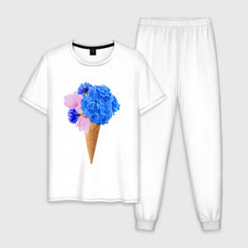 Мужская пижама хлопок с принтом Мороженое букет , 100% хлопок | брюки и футболка прямого кроя, без карманов, на брюках мягкая резинка на поясе и по низу штанин
 | Тематика изображения на принте: flowers | василек | вафля | гортензия | магнолия | рожок | розовый | синий | цветы