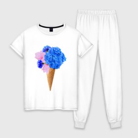 Женская пижама хлопок с принтом Мороженое букет , 100% хлопок | брюки и футболка прямого кроя, без карманов, на брюках мягкая резинка на поясе и по низу штанин | flowers | василек | вафля | гортензия | магнолия | рожок | розовый | синий | цветы