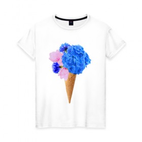 Женская футболка хлопок с принтом Мороженое букет , 100% хлопок | прямой крой, круглый вырез горловины, длина до линии бедер, слегка спущенное плечо | Тематика изображения на принте: flowers | василек | вафля | гортензия | магнолия | рожок | розовый | синий | цветы