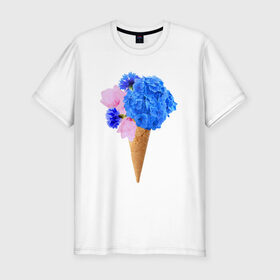 Мужская футболка премиум с принтом Мороженое букет , 92% хлопок, 8% лайкра | приталенный силуэт, круглый вырез ворота, длина до линии бедра, короткий рукав | Тематика изображения на принте: flowers | василек | вафля | гортензия | магнолия | рожок | розовый | синий | цветы