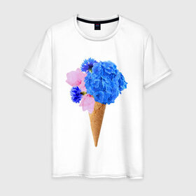 Мужская футболка хлопок с принтом Мороженое букет , 100% хлопок | прямой крой, круглый вырез горловины, длина до линии бедер, слегка спущенное плечо. | Тематика изображения на принте: flowers | василек | вафля | гортензия | магнолия | рожок | розовый | синий | цветы