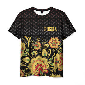 Мужская футболка 3D с принтом Россия , 100% полиэфир | прямой крой, круглый вырез горловины, длина до линии бедер | роспись | россия | хохлома | цветы | я русский