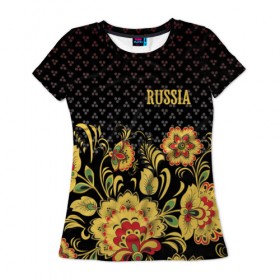 Женская футболка 3D с принтом Россия , 100% полиэфир ( синтетическое хлопкоподобное полотно) | прямой крой, круглый вырез горловины, длина до линии бедер | роспись | россия | хохлома | цветы | я русский